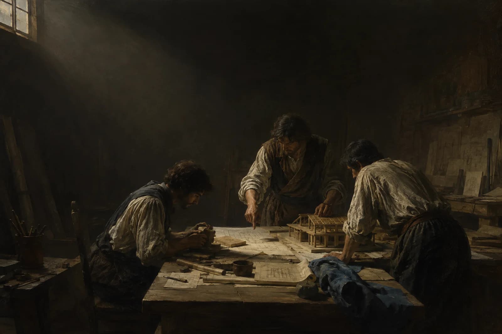 Original artwork of craftspeople studying a model together, with their hands and shared work at the center